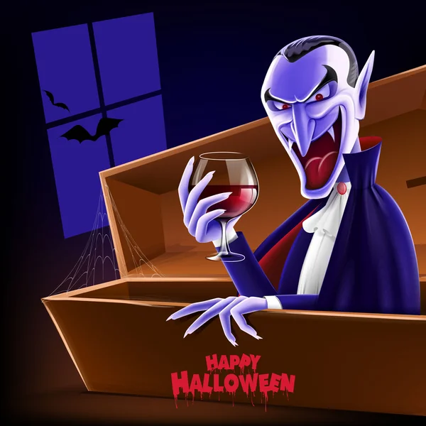 Vampire avec vin rouge dans le cercueil — Image vectorielle