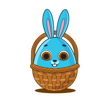 Mutlu Paskalyalar. Sepetteki komik tavşan karakteri. Tasarımınız için vektör illüstrasyonu