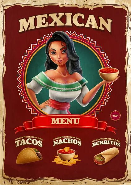Vintage Mexicano Menu Tradicional Cartaz Comida Com Mulher Bonita —  Vetores de Stock