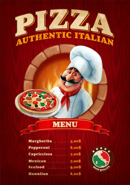 Plantilla Menú Pizza Retro Con Chef Italiano Sobre Fondo Madera — Archivo Imágenes Vectoriales