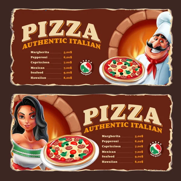 Retro Pizza Menü Mit Cartoon Girl Und Italienischem Koch — Stockvektor