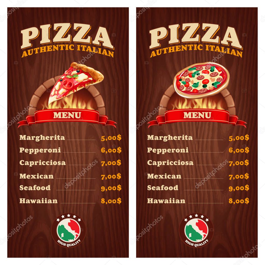 pizza menu design with burning oven on wooden background