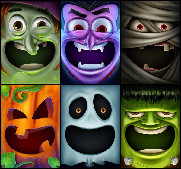 Set Függőleges Grafika Halloween Szörny Vámpír Boszorkány Tök Szellem Múmia — Stock Vector