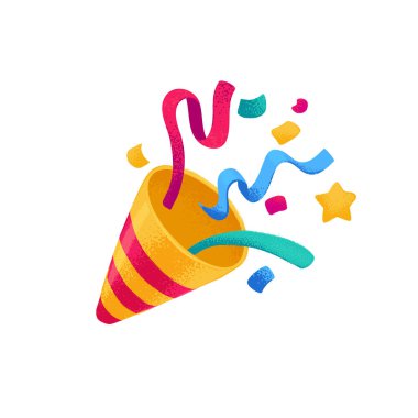 Konfeti ve kurdeleli parti konisi, beyaz arka planda vektör illüstrasyonu