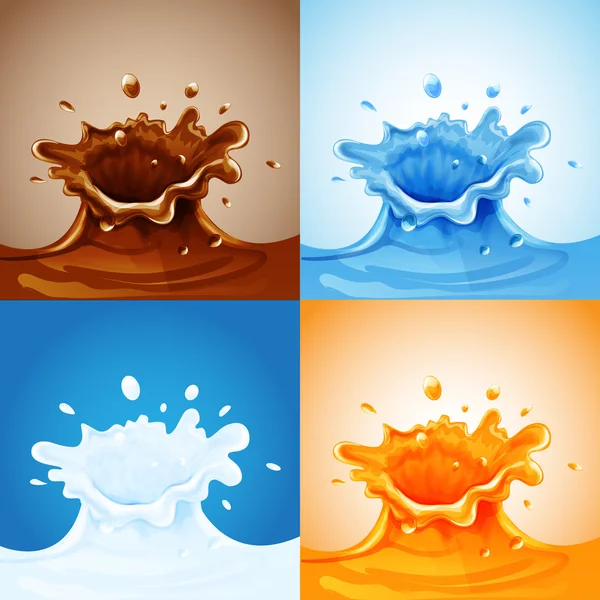 Salpicaduras de agua, leche, jugo de chocolate — Vector de stock