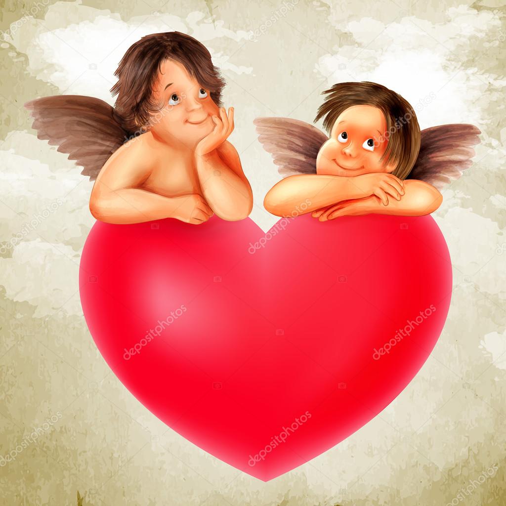 cute angels with red heart