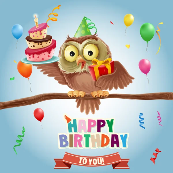 Joyeux anniversaire bannière avec hibou — Image vectorielle