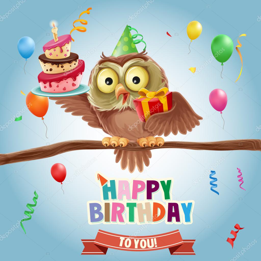 happy birthday banner with owl — Stock Vector © mollicart #94273624