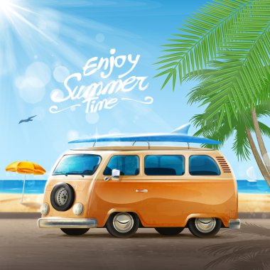 Sörf tahtası ile Retro renkli otobüs