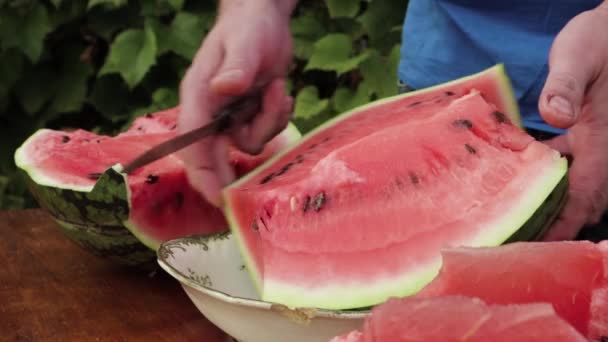Close-up van een man met een mes snijdt een stuk van een watermeloen af. — Stockvideo
