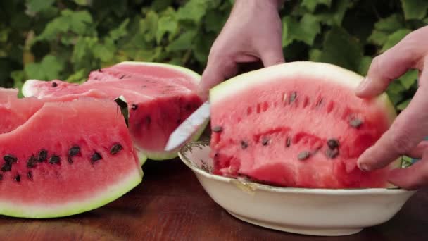 Detailní záběr muže s nožem krájí meloun na plátky. — Stock video
