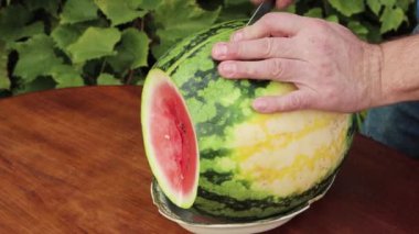 Bir adamın eli, pembe bir karpuzu bıçakla ikiye böler..