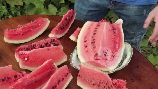Um homem de close-up corta a melancia restante em fatias. — Vídeo de Stock