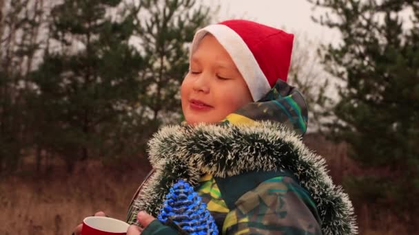 На Різдво хлопчик п'є з червоної чашки і розмовляє . — стокове відео