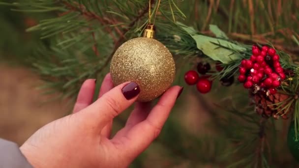 В рождественский вечер женская рука выпрямляет золотой шар на ёлке. — стоковое видео
