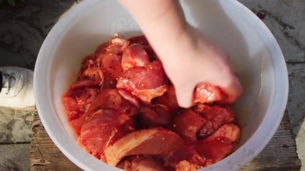 Una mano de mujer mezcla grandes trozos de carne en la marinada. — Vídeos de Stock