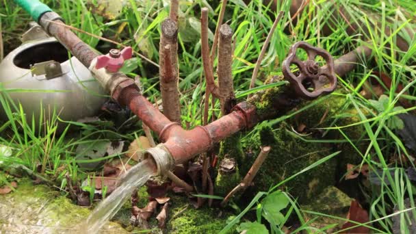 Eine Männerhand dreht einen Metallhahn an einem Wasserrohr. — Stockvideo