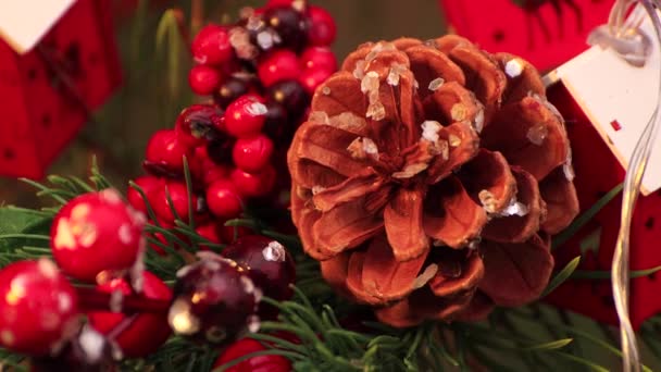 En la noche de Navidad, un cono de pino y cuentas rojas se balancean en el árbol. — Vídeos de Stock