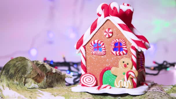 Gingerbread house, Christmas tree decoration with bokeh back. — Stock Video