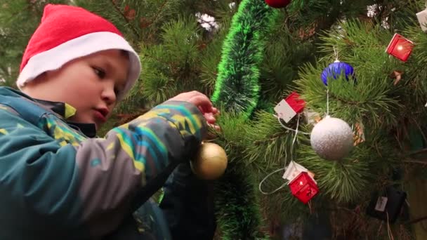 De jongen met de rode pet van de kerstman hangt netjes een feestelijke gouden bal. — Stockvideo