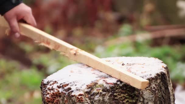Ein Mann auf einem Baumstumpf hackt geschickt und schnell einen Stock mit einer Axt. — Stockvideo