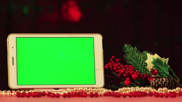 Een tablet met een groen scherm voor het inbrengen en een dennentak met een kegel. — Stockvideo