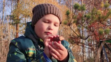 Sarı ağaçların arkasında bir çocuk iki eliyle şeker tutuyor..