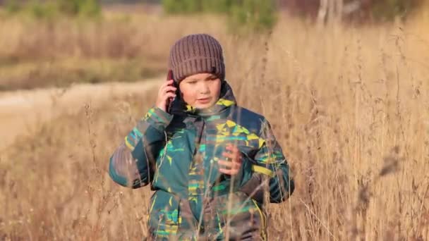 Chlapec se postaví do vysoké trávy, podívá se na telefon a přitáhne si ho k uchu. — Stock video