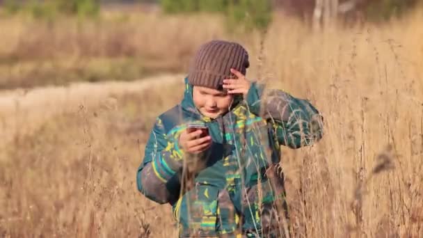 Gros plan d'un garçon dans l'herbe haute, il parle au téléphone en ligne. — Video