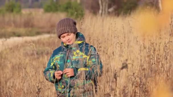 Gros plan d'un garçon dans l'herbe haute, il regarde et balance. — Video