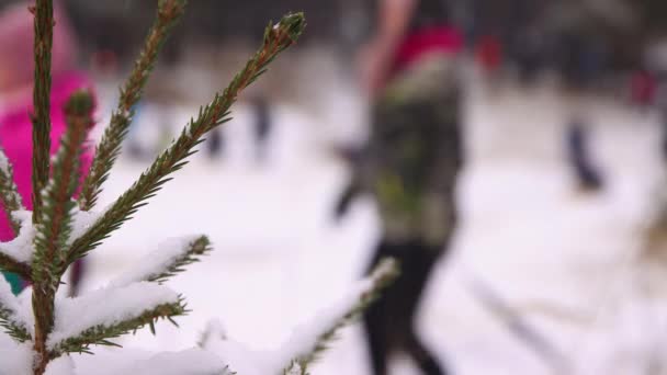 View of the slope and happy children going up the hill in defocus. — Stock Video