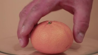 Bir adamın eli bir portakal mandalinasını tabağa koyar ve döndürür.. 