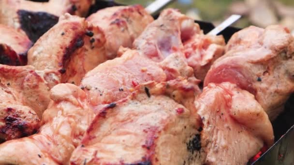 De grandes tranches de viande sont grillées et ventilées. Stade de préparation de Shish kebab. — Video