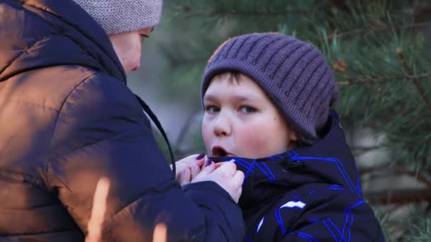 Close-up van gelukkig mam en zoon zorgzaam warm hun handen naar elkaar. — Stockvideo