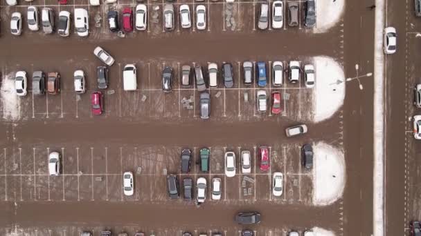 Passagiersauto 's worden geparkeerd in rechte rijen op een brede parkeerplaats. — Stockvideo