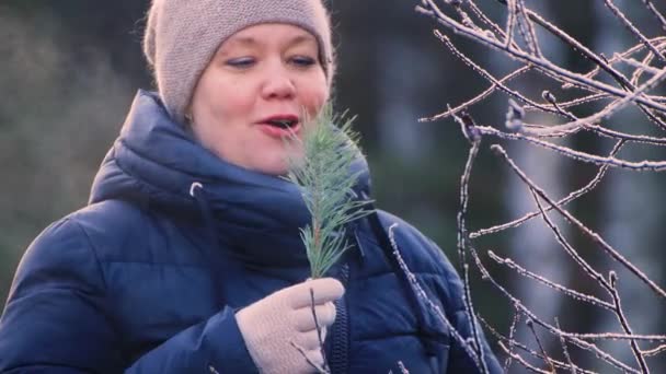 Happy young woman blows her mouth on a coniferous branch and smiles. — ストック動画