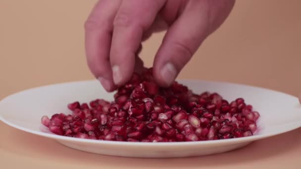 Le mani maschili toccano delicatamente i semi rossi di un appetitoso melograno — Video Stock