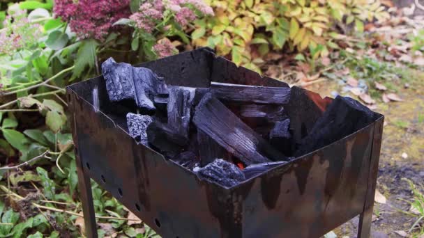 Um jato de líquido para acender fogos salpicos na grelha de carvão. — Vídeo de Stock
