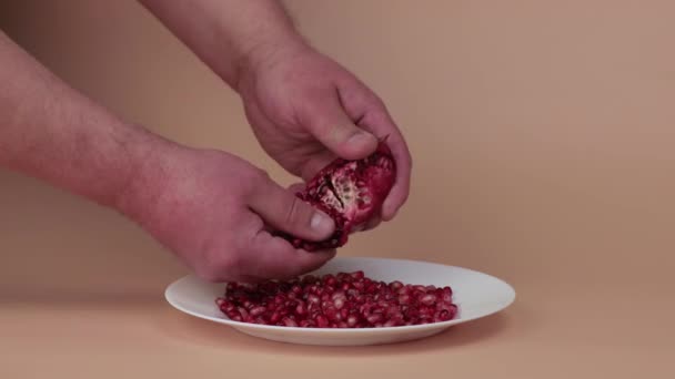 Las manos masculinas de cerca pelan granos de una cuña de granada roja en un plato blanco — Vídeo de stock