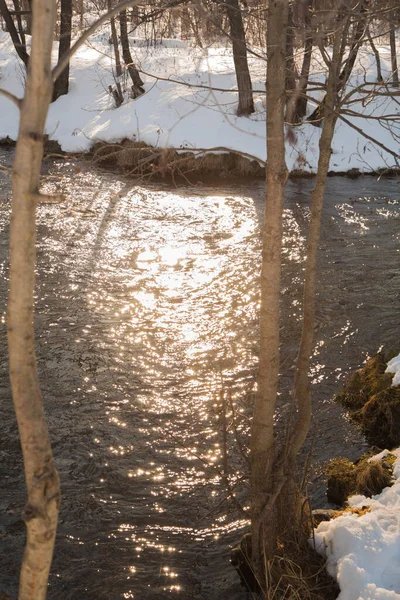 Зимовий пейзаж річки з засніженими берегами і сонячними відблисками на воді . Стокова Картинка