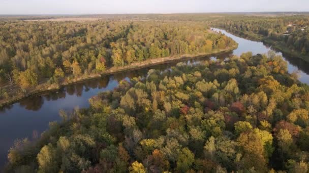 Langzame vlucht over bos en kalme rivier bij zonsondergang. — Stockvideo