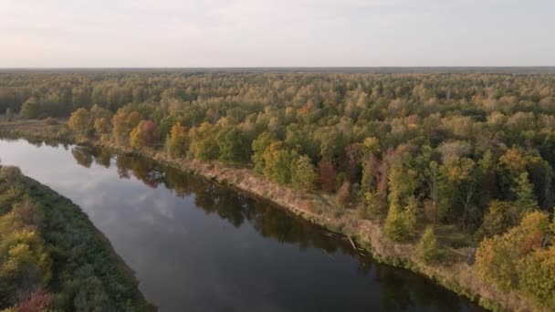 Hoge vlucht over het kalme water van een brede rivier bij zonsondergang. — Stockvideo