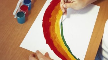 Gökkuşağı sembolik olarak çocuklar tarafından resmedilmiş.