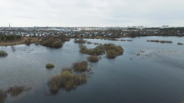 Voorjaarsoverstroming, uitzicht vanuit de lucht op de rivier, overstroomde velden. — Stockvideo