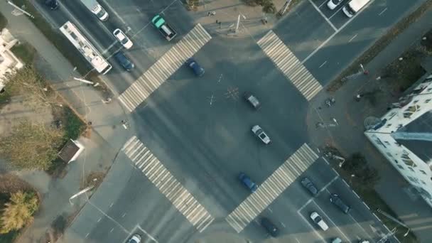 Een grote stad kruising in de ochtend, auto 's zijn actief rijden. — Stockvideo