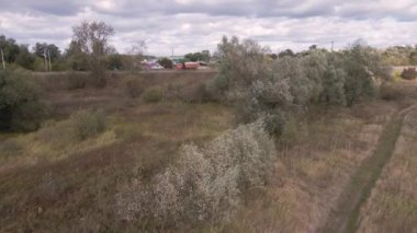 Yeşil ağaçlar ve arka planda hareket eden arabalarla bir tarlanın üzerinde uçmak.