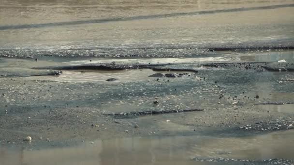 Driving cars on a bad broken road with holes, muddy puddles and cracks. — Stock Video