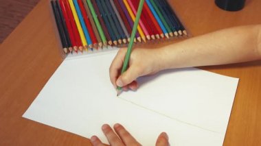 Çocuksu eller, yeşil yapraklı bir çiçek çizer..