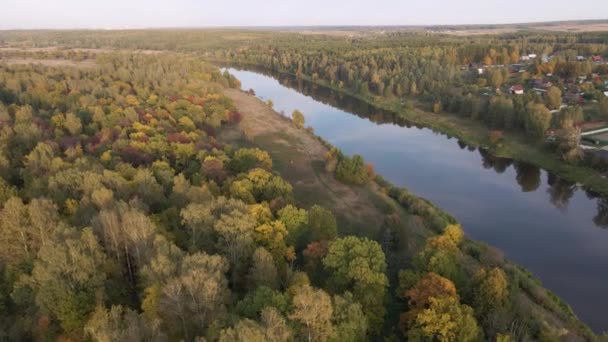 Una vista da un quadricottero di una zona boscosa e un fiume calmo al tramonto. — Video Stock