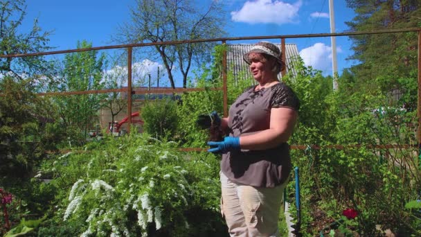 Une femme inspecte un semis de rose sur fond de ciel bleu et de verdure. — Video